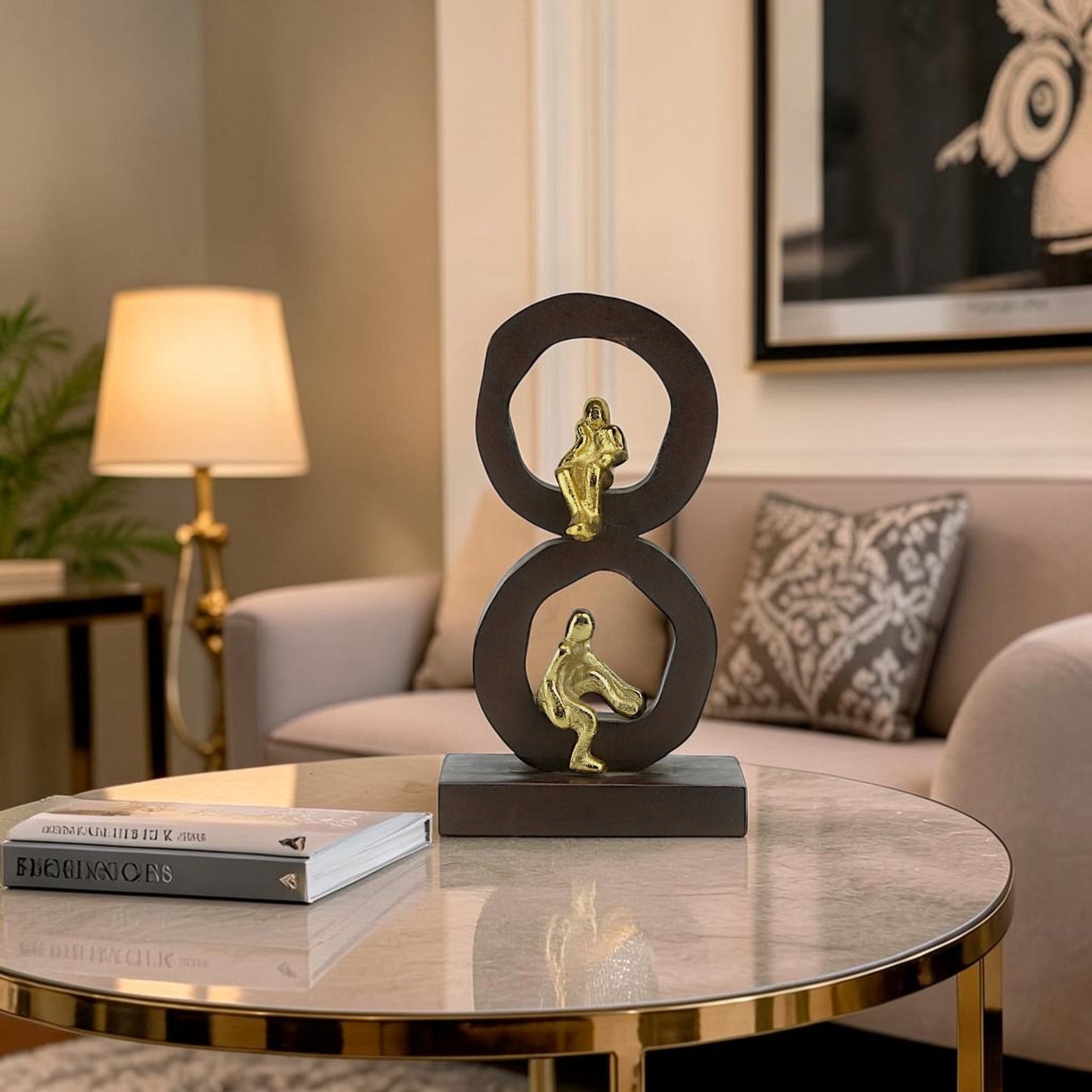 Golden Harmony: Handcrafted Aluminium Mini Human Sitting Sculpture on Wood-Designed Base