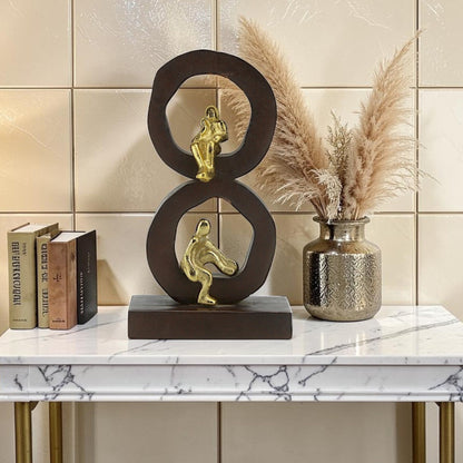 Golden Harmony: Handcrafted Aluminium Mini Human Sitting Sculpture on Wood-Designed Base