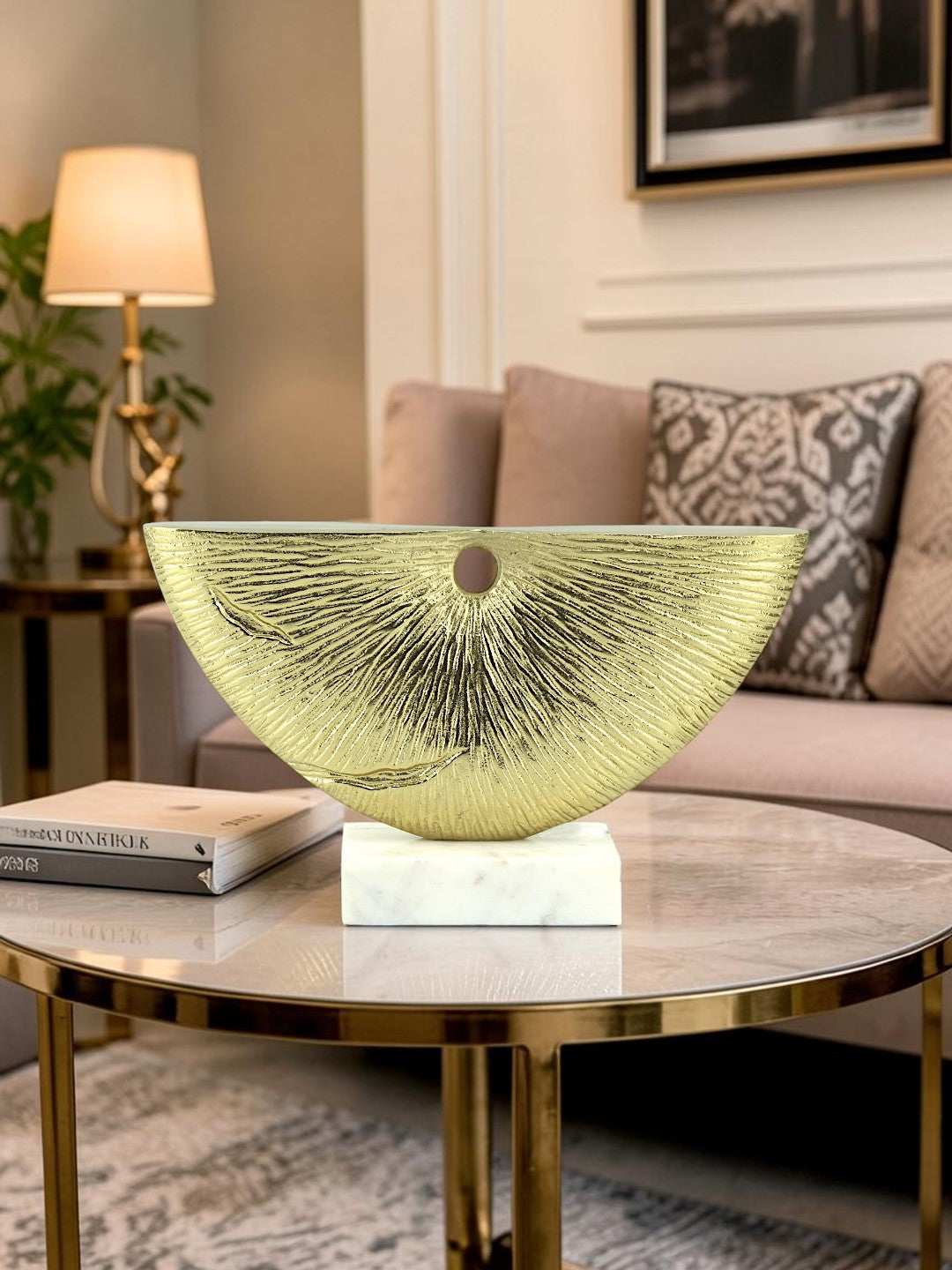 Golden Radiance: Handcrafted Aluminium Abstract Sculpture on White Marble Base