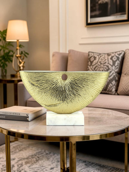 Golden Radiance: Handcrafted Aluminium Abstract Sculpture on White Marble Base