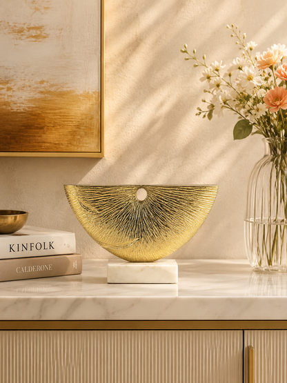 Golden Radiance: Handcrafted Aluminium Abstract Sculpture on White Marble Base