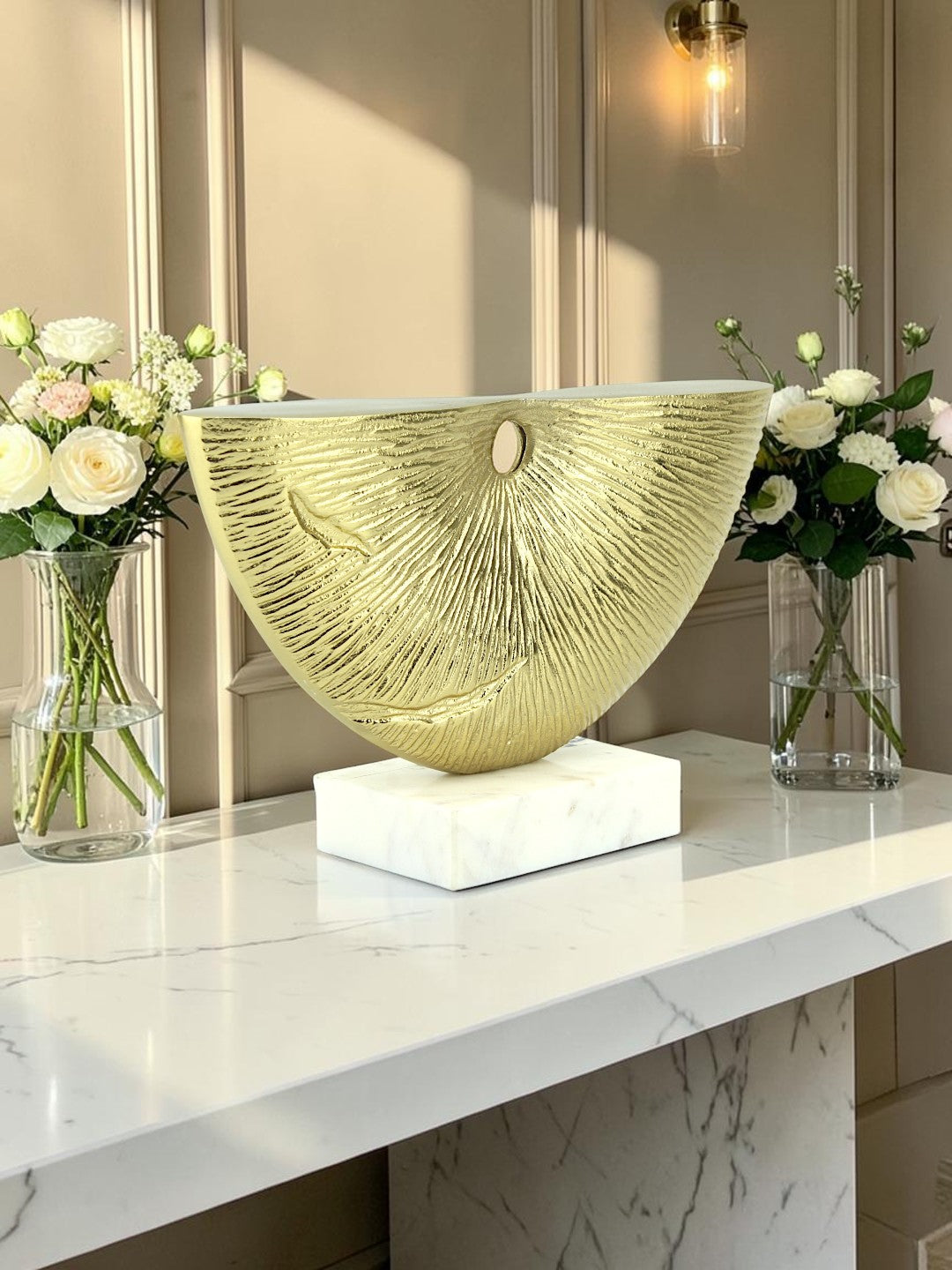 Golden Radiance: Handcrafted Aluminium Abstract Sculpture on White Marble Base