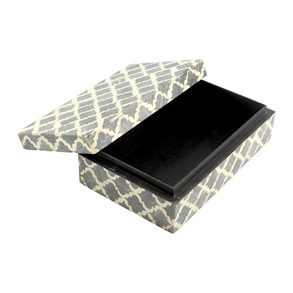 Grey and White Cross Design Bone Inlay Handcrafted Trinket Box - Stylish Storage for Treasures