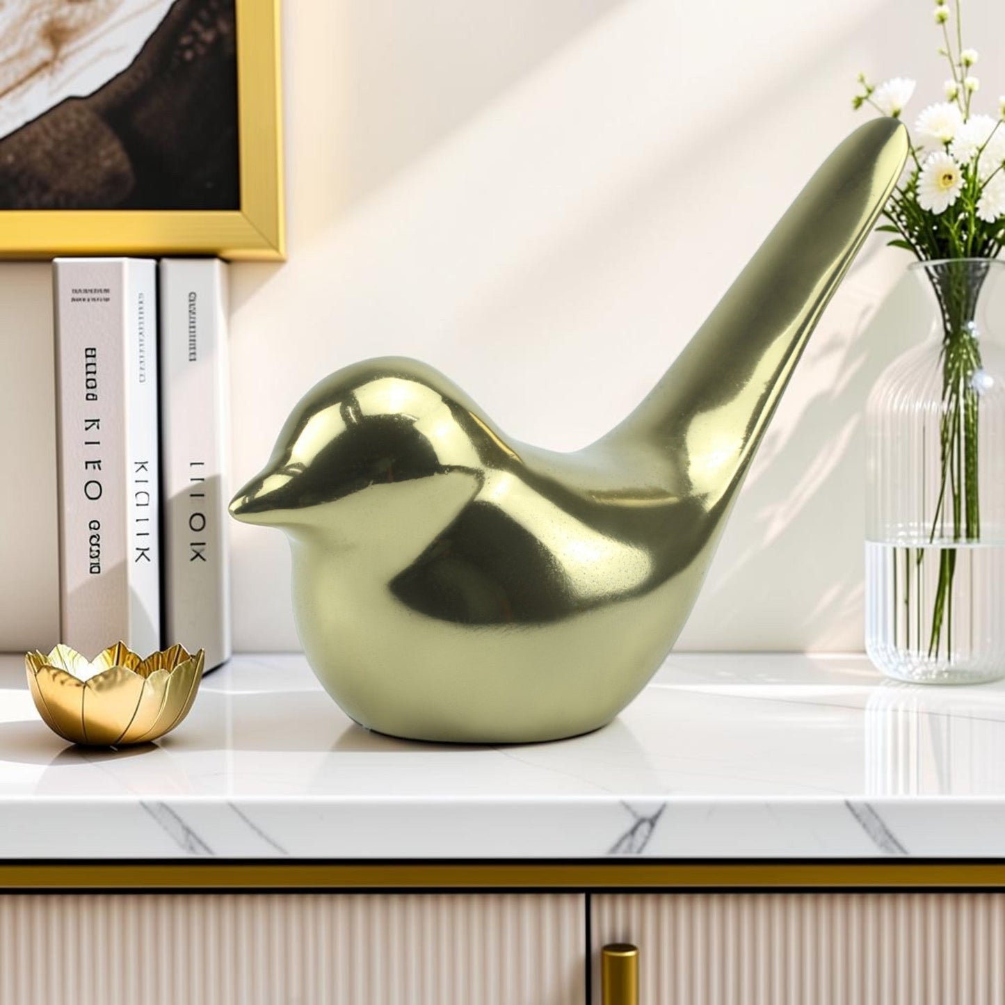 Handcrafted Golden Aluminium Bird Ornament: Exquisite Home Decor Accent