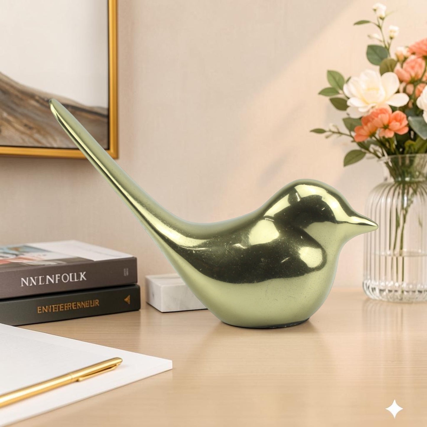 Handcrafted Golden Aluminium Bird Ornament: Exquisite Home Decor Accent