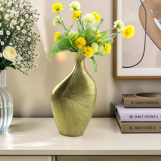 Handcrafted Golden Aluminium Curved Flower Vase: Artisanal Elegance for Distinctive Floral Arrangements