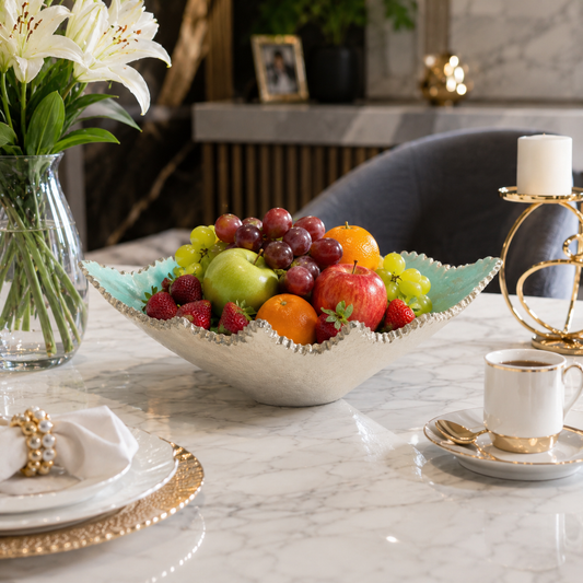 Handcrafted Golden Aluminium Decorative Bowl with Green Enamel: Elegant Artistry for Stylish Décor