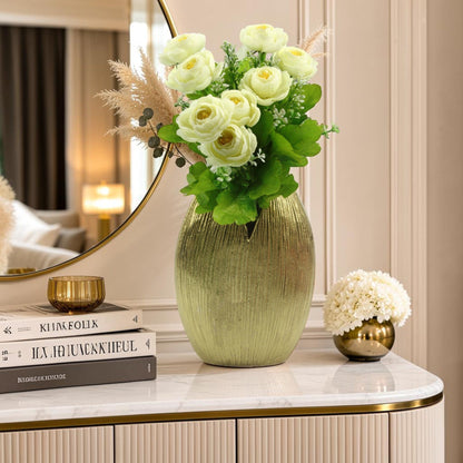 Handcrafted Golden Aluminium Oval-Shaped Flower Vase: Timeless Beauty for Your Floral Displays