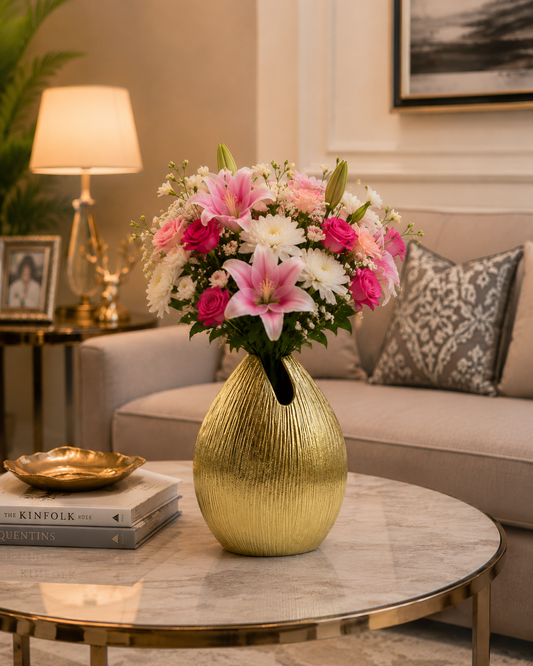 Handcrafted Golden Aluminium Oval-Shaped Flower Vase: Timeless Beauty for Your Floral Displays