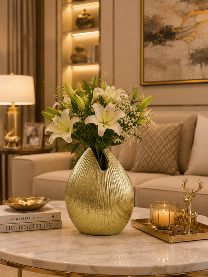 Handcrafted Golden Aluminium Oval-Shaped Flower Vase: Timeless Beauty for Your Floral Displays