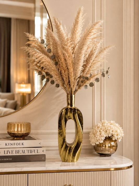 Handcrafted Golden Aluminium Rectangular Oval-Shaped Flower Vase: Exquisite Home Décor Accent