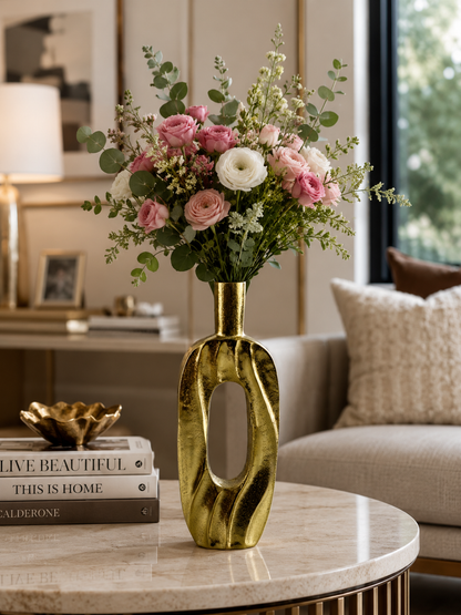 Handcrafted Golden Aluminium Rectangular Oval-Shaped Flower Vase: Exquisite Home Décor Accent