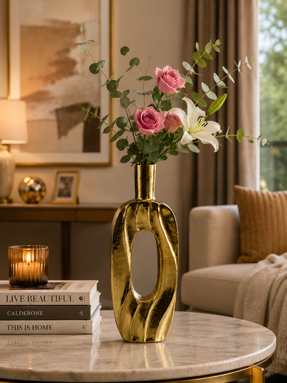 Handcrafted Golden Aluminium Rectangular Oval-Shaped Flower Vase: Exquisite Home Décor Accent