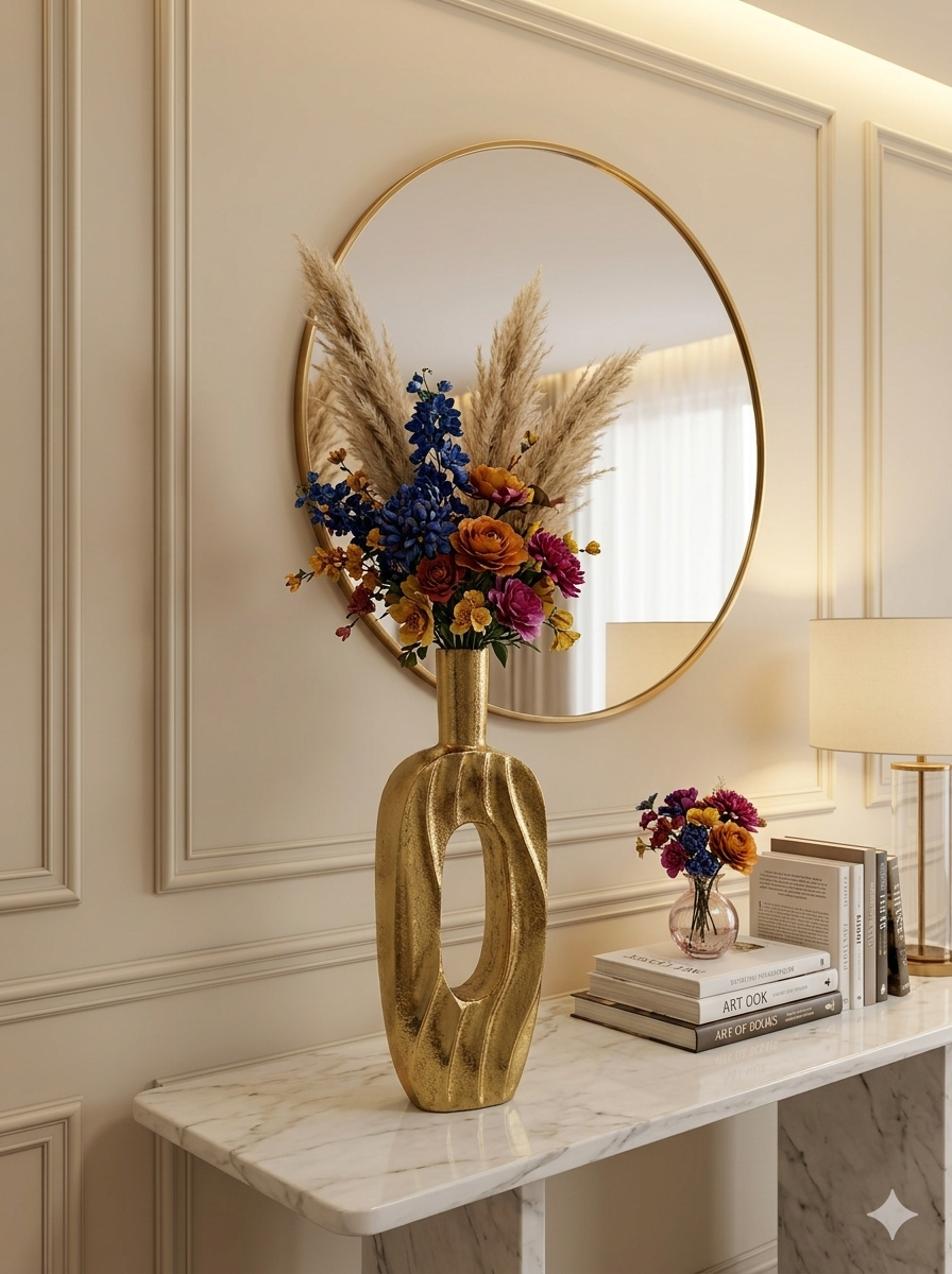 Handcrafted Golden Aluminium Rectangular Oval-Shaped Flower Vase: Exquisite Home Décor Accent