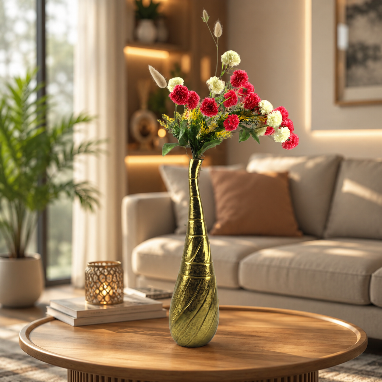 Handcrafted Golden Aluminium Surahi-Top Curved Flower Vase: Exquisite Artistry for Floral Elegance