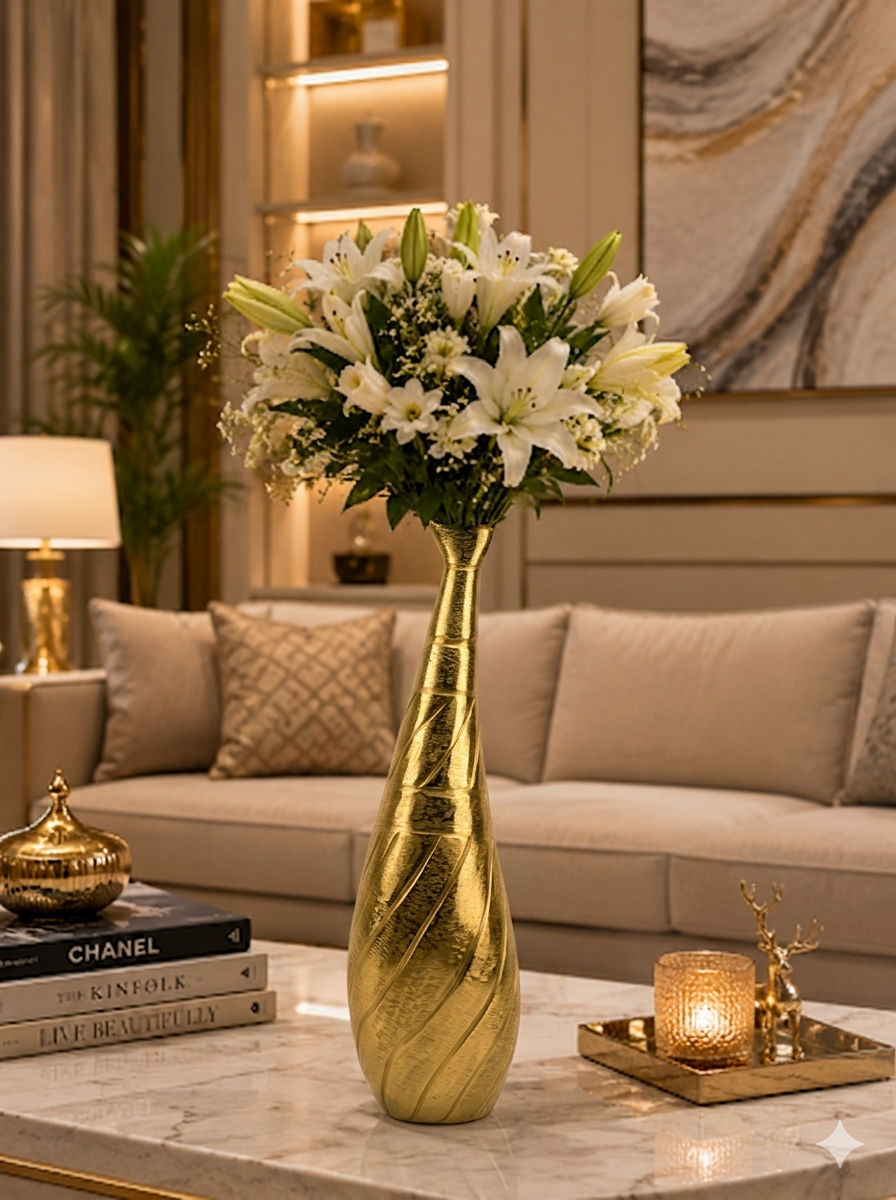 Handcrafted Golden Aluminium Surahi-Top Curved Flower Vase: Exquisite Artistry for Floral Elegance