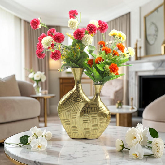 Handcrafted Golden Aluminium Two-Joint Flower Vase: Artisanal Elegance for Stunning Floral Arrangements