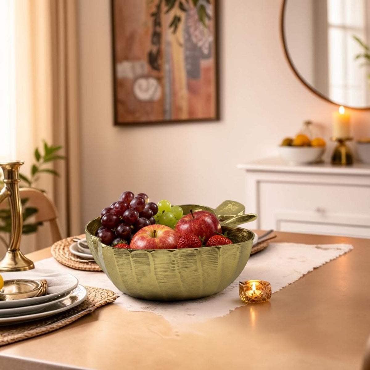 Handcrafted Golden Aluminum Apple Shaped Bowl: Luxe Décor Essential