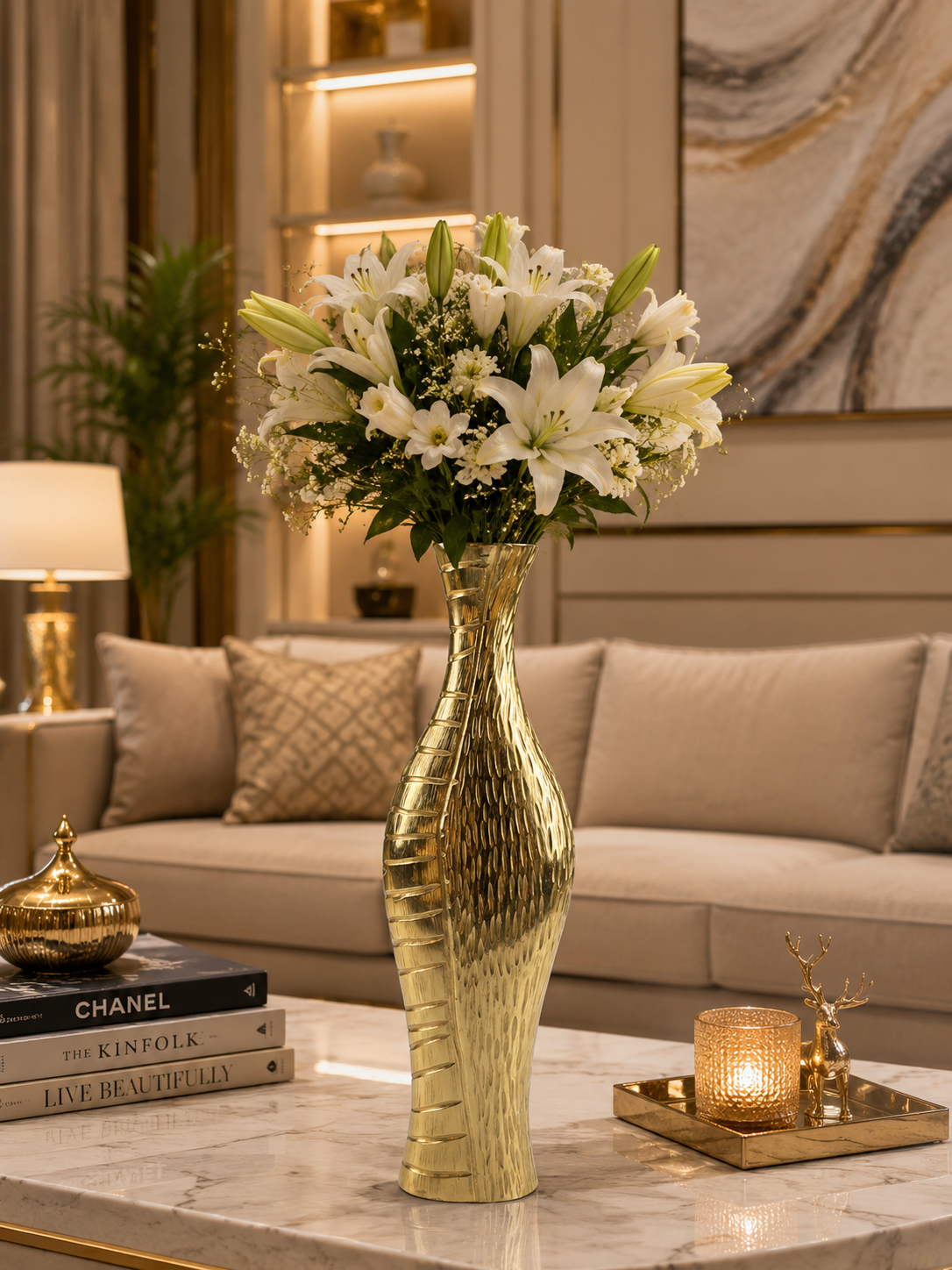 Handcrafted Golden Aluminum Flower Vase: Elegant Home Decor Accent