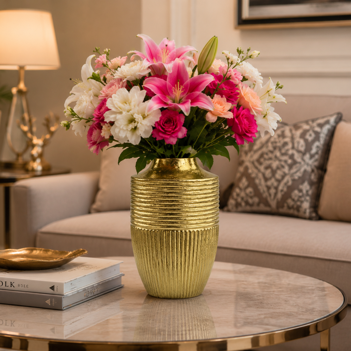 Handcrafted Golden Aluminum Ring Design Flower Vase: Versatile Vertical and Horizontal Display