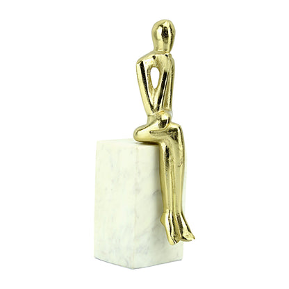 Handcrafted Golden Aluminum Sitting Lady Sculpture on Marble Base: Elegant Home Decor Accent
