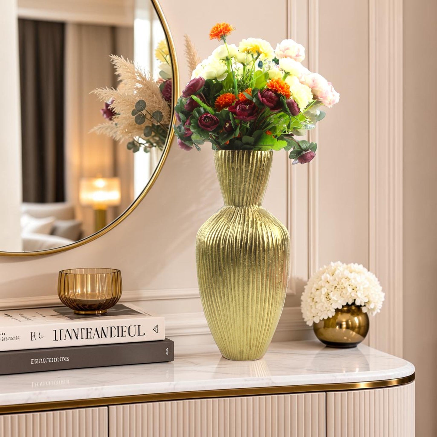 Handcrafted Ribbed Golden Aluminium Flower Vase: Unique Texture for Elegant Floral Displays