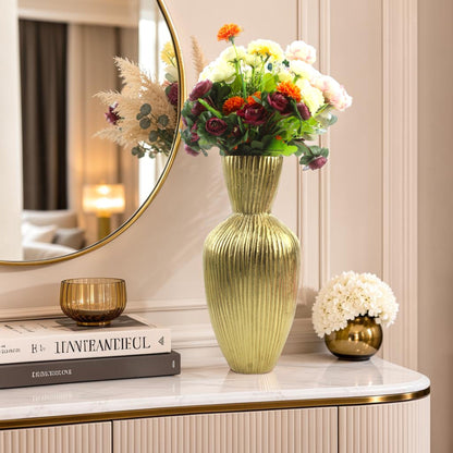 Handcrafted Ribbed Golden Aluminium Flower Vase: Unique Texture for Elegant Floral Displays