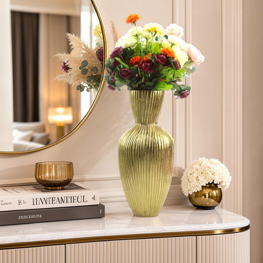Handcrafted Ribbed Golden Aluminium Flower Vase: Unique Texture for Elegant Floral Displays