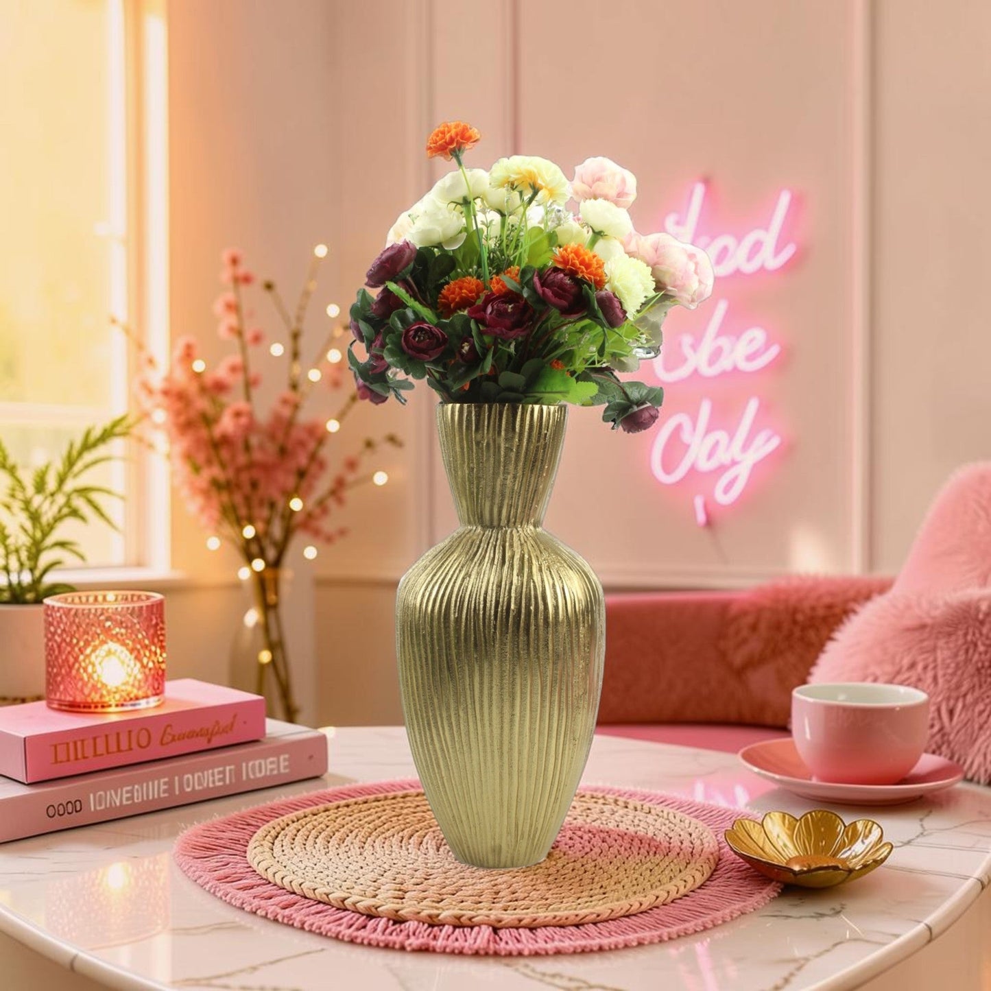 Handcrafted Ribbed Golden Aluminium Flower Vase: Unique Texture for Elegant Floral Displays