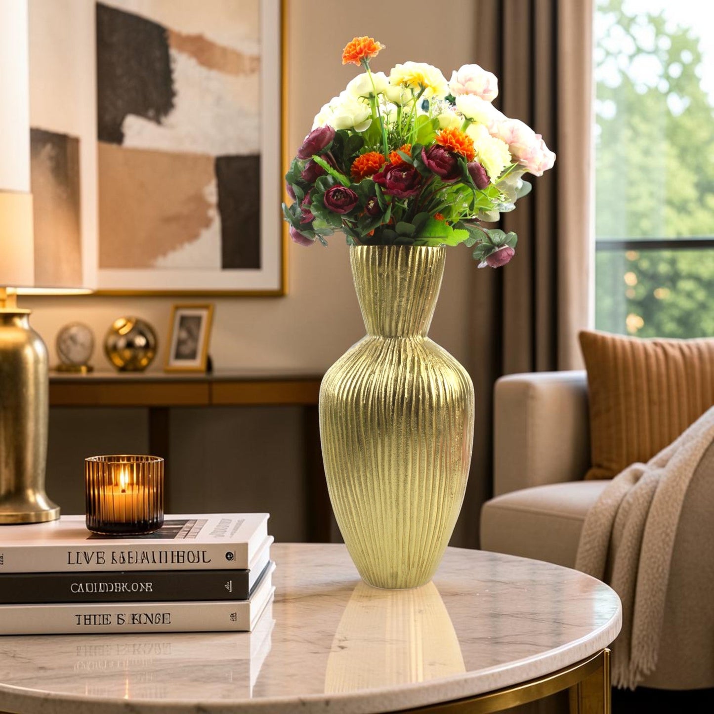 Handcrafted Ribbed Golden Aluminium Flower Vase: Unique Texture for Elegant Floral Displays