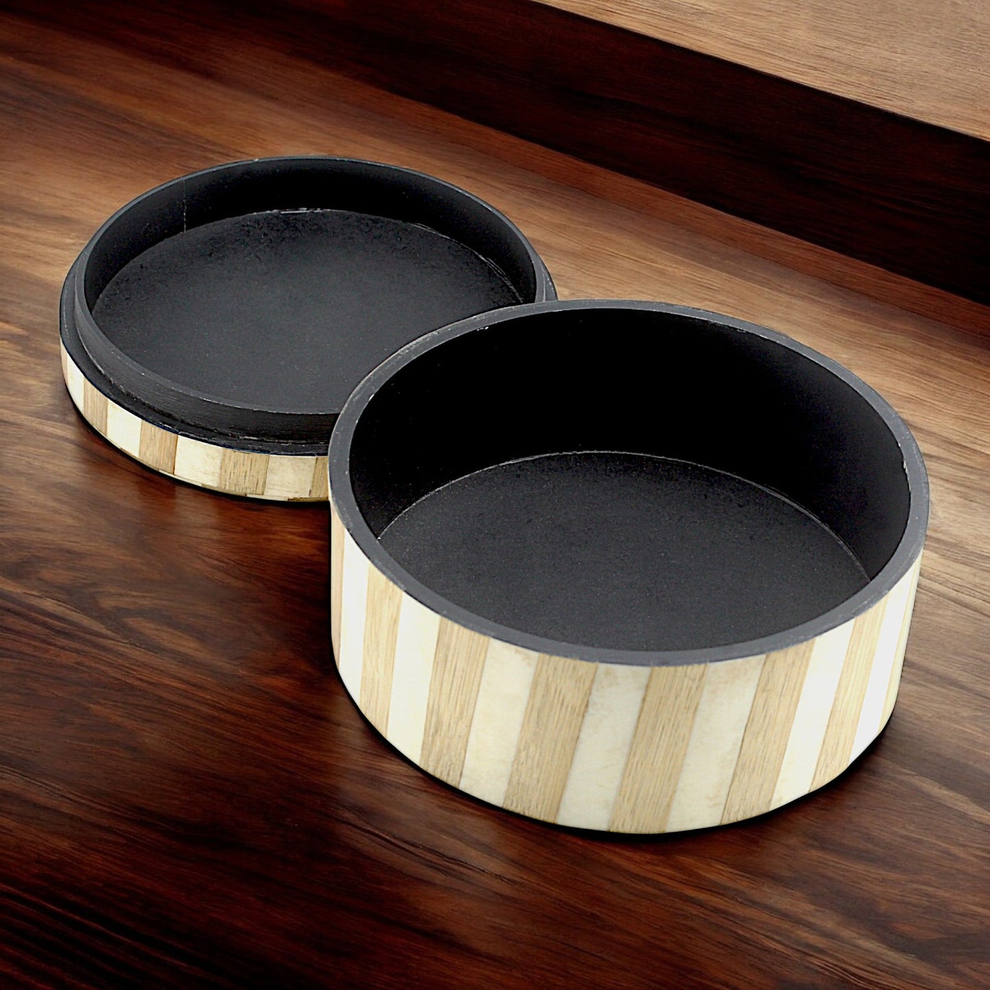 Handcrafted Round Wood and Bone Inlay Striped Trinket Box - Elegant Storage for Treasures