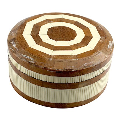 Handcrafted Round Wood and Bone Inlay Trinket Box - Elegant Storage Solution for Jewelry and Keepsakes