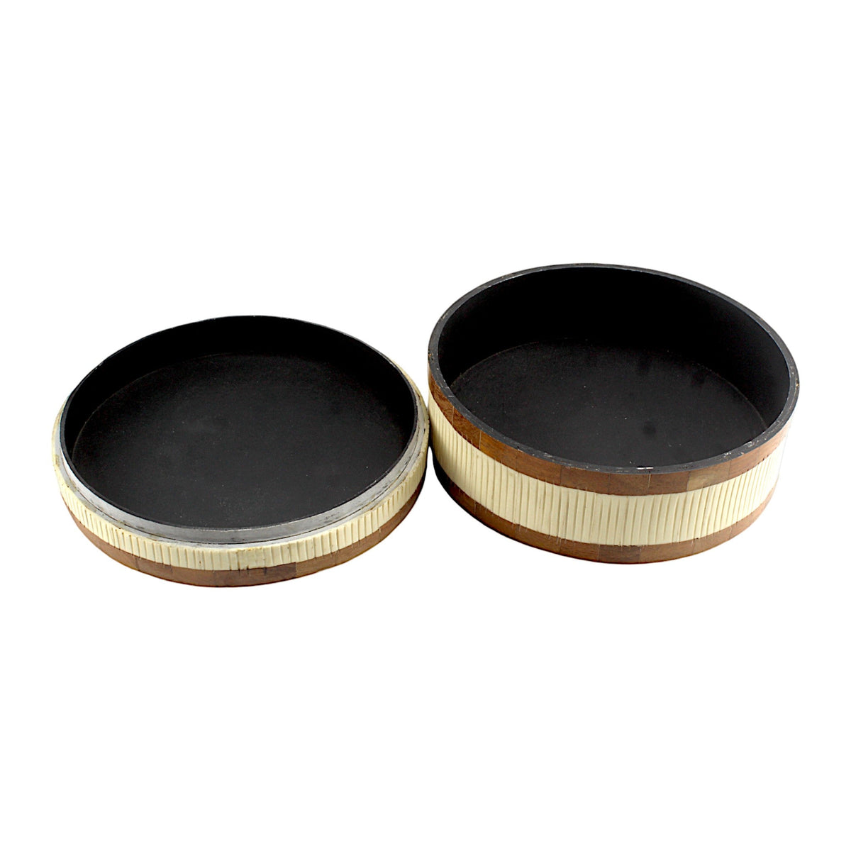 Handcrafted Round Wood and Bone Inlay Trinket Box - Elegant Storage Solution for Jewelry and Keepsakes