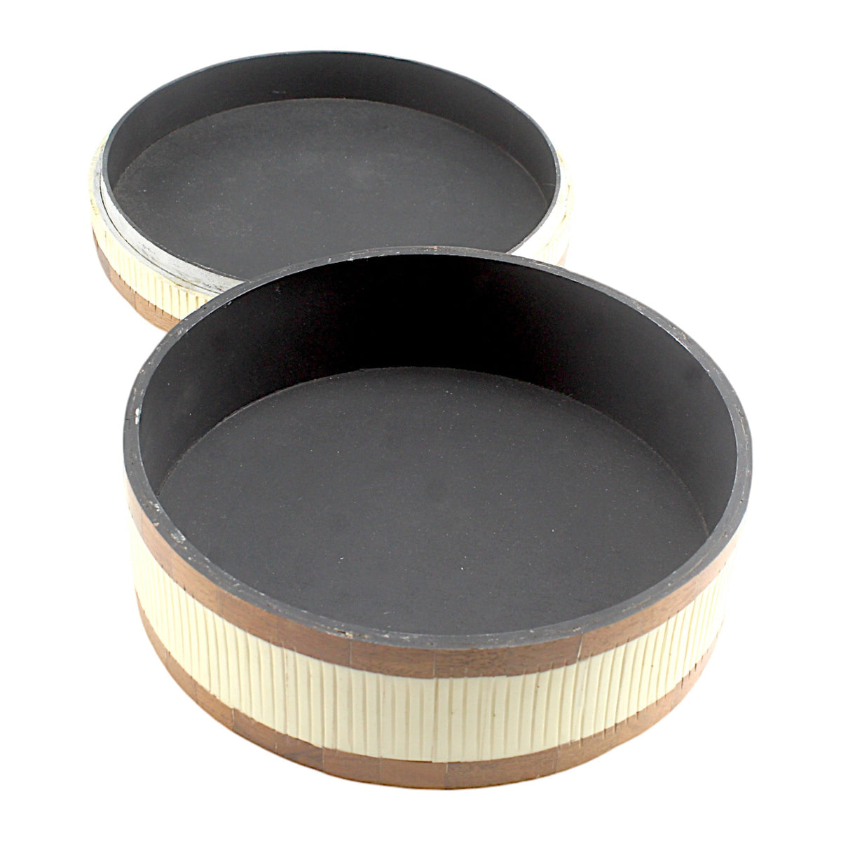Handcrafted Round Wood and Bone Inlay Trinket Box - Elegant Storage Solution for Jewelry and Keepsakes