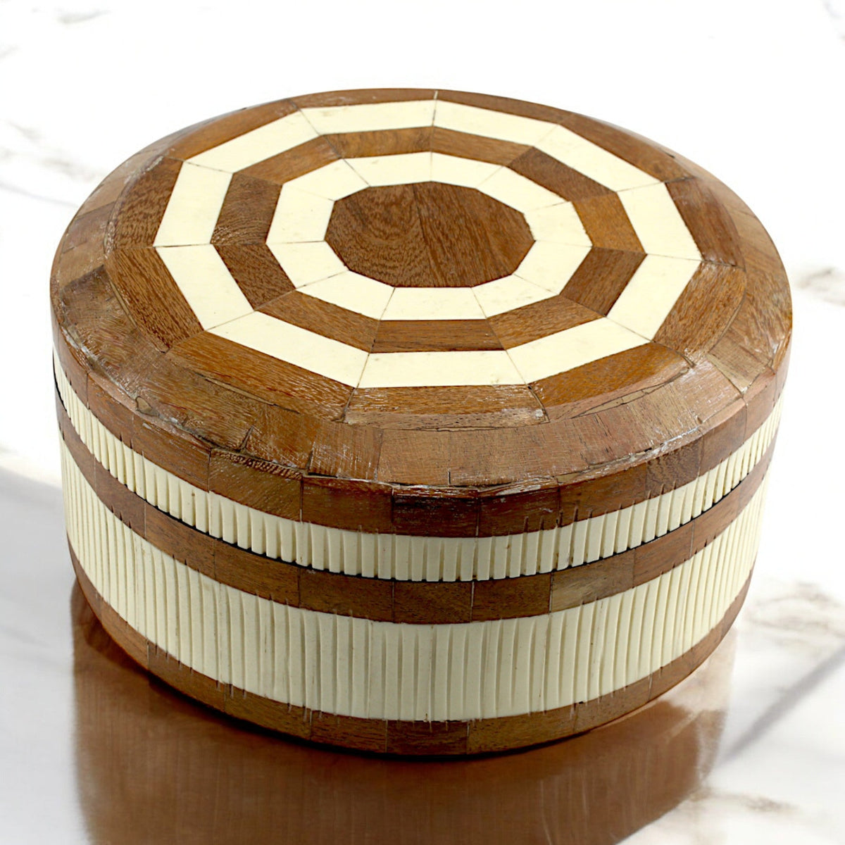 Handcrafted Round Wood and Bone Inlay Trinket Box - Elegant Storage Solution for Jewelry and Keepsakes