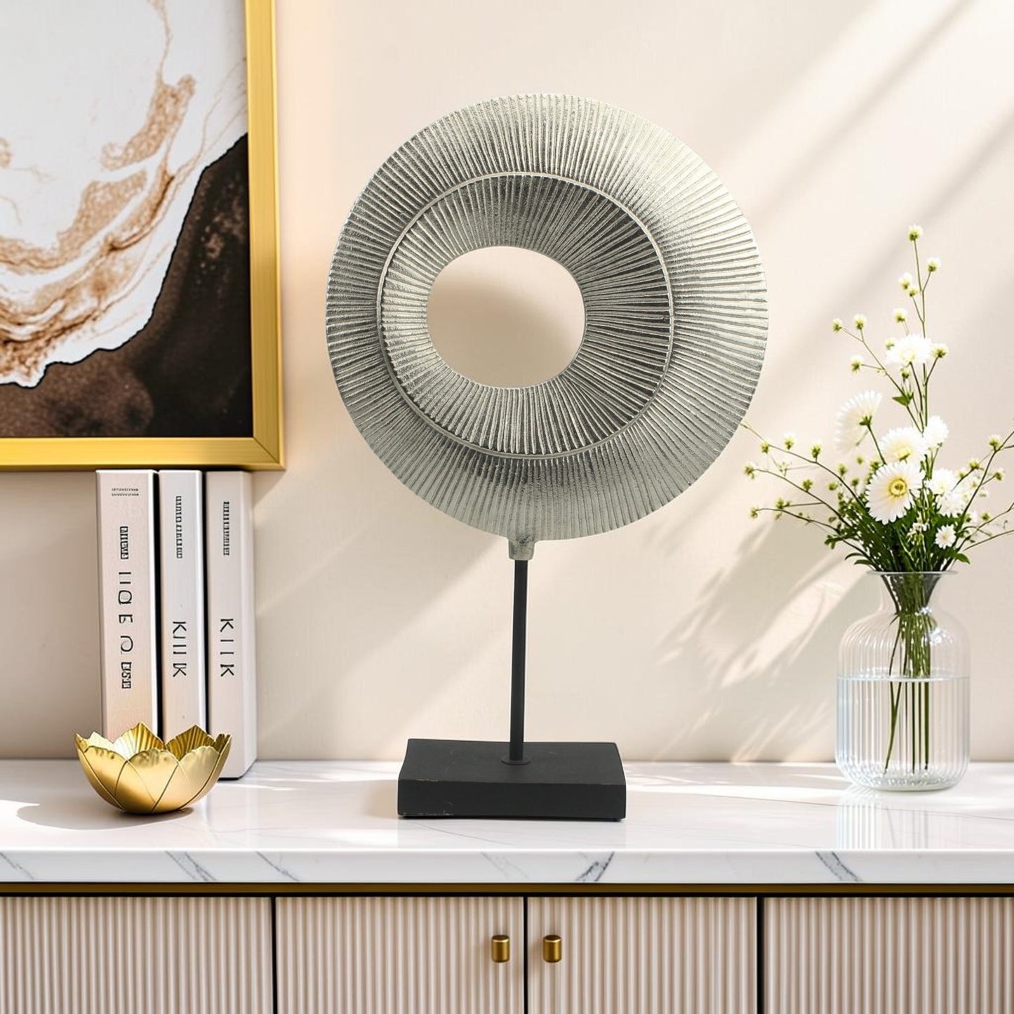 Handcrafted Silver Aluminum Sculpture Ornament on Marble Base: Timeless Elegance for Your Home