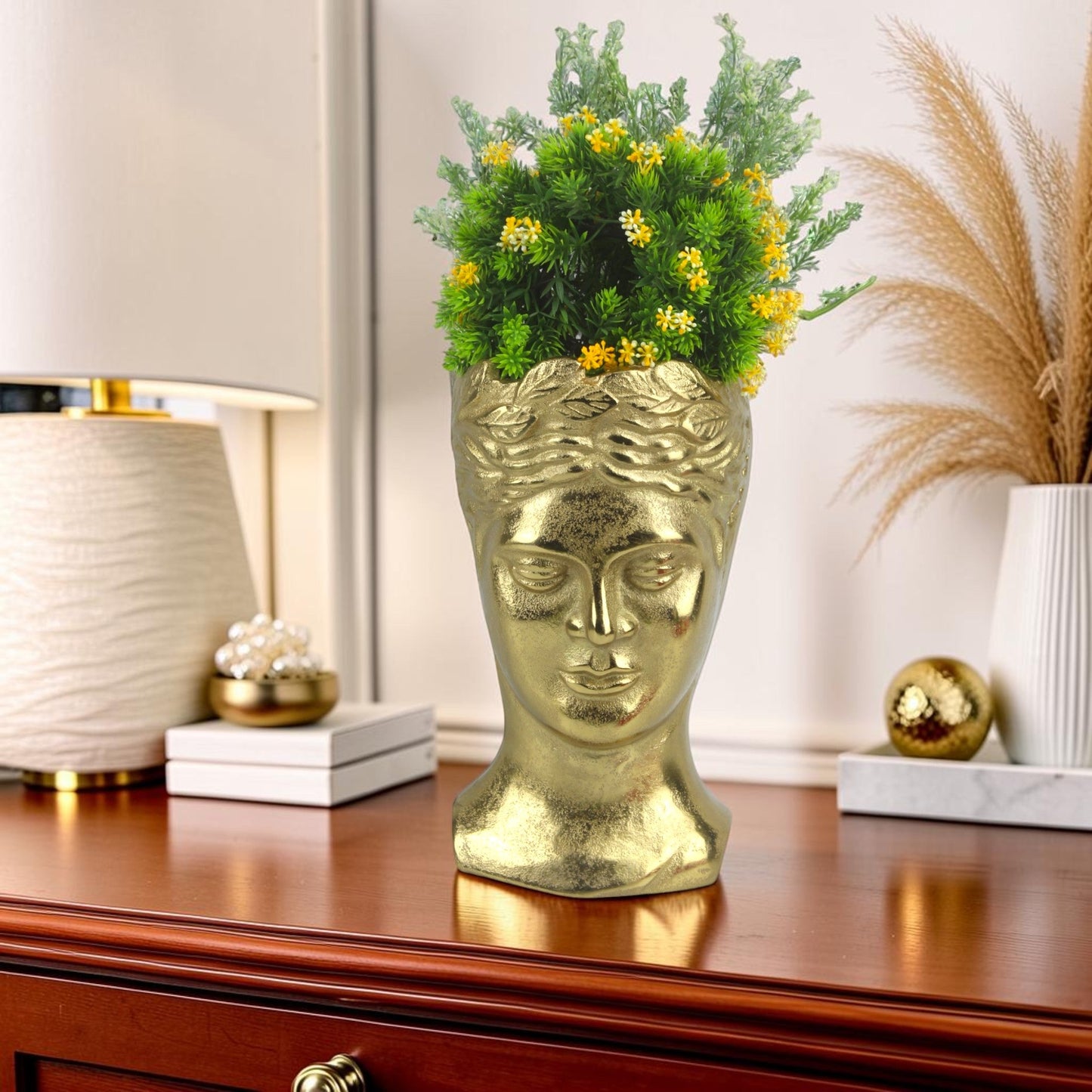 Golden Aluminum Handcrafted Human Face Flower Vase: Unique Home Décor Statement Piece