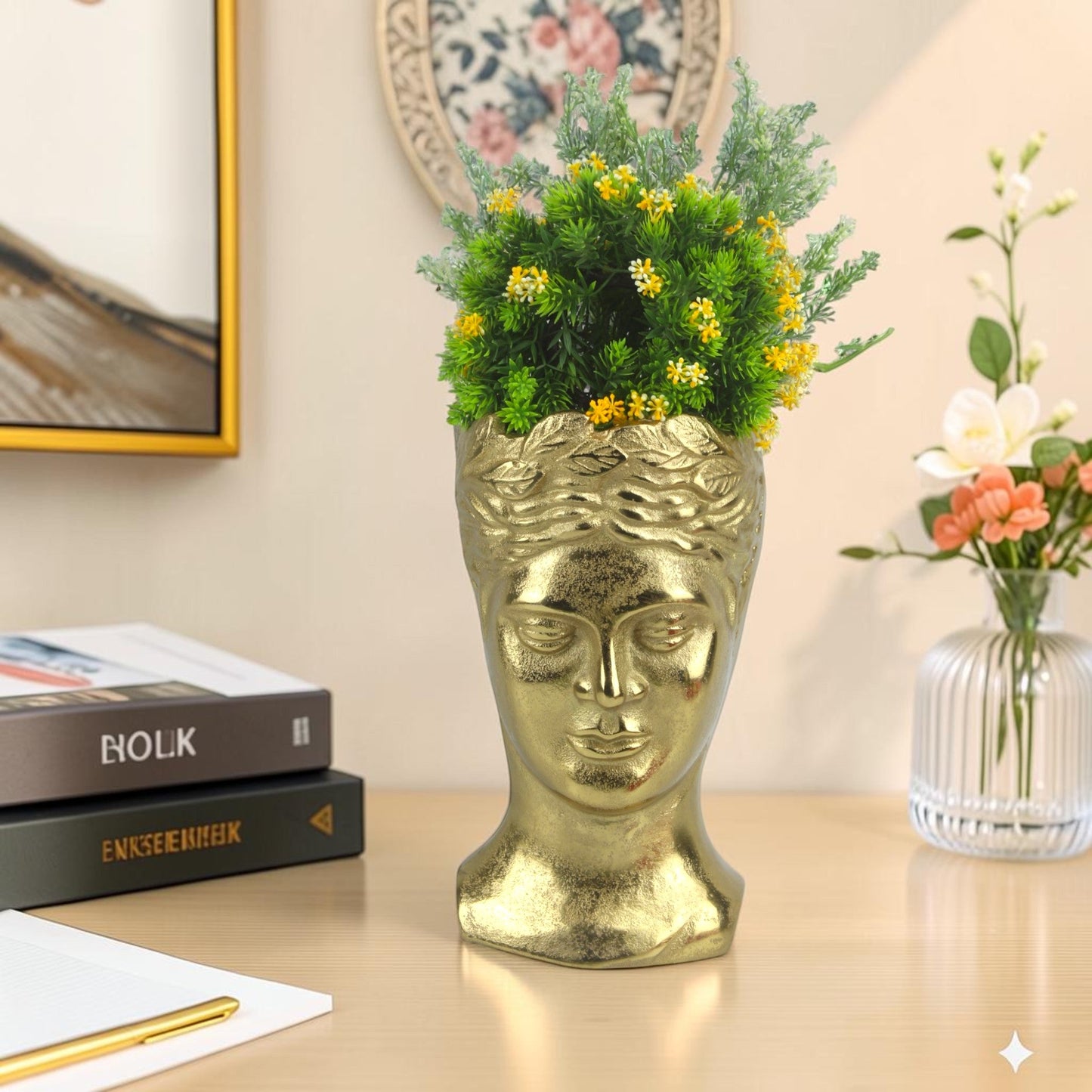 Golden Aluminum Handcrafted Human Face Flower Vase: Unique Home Décor Statement Piece