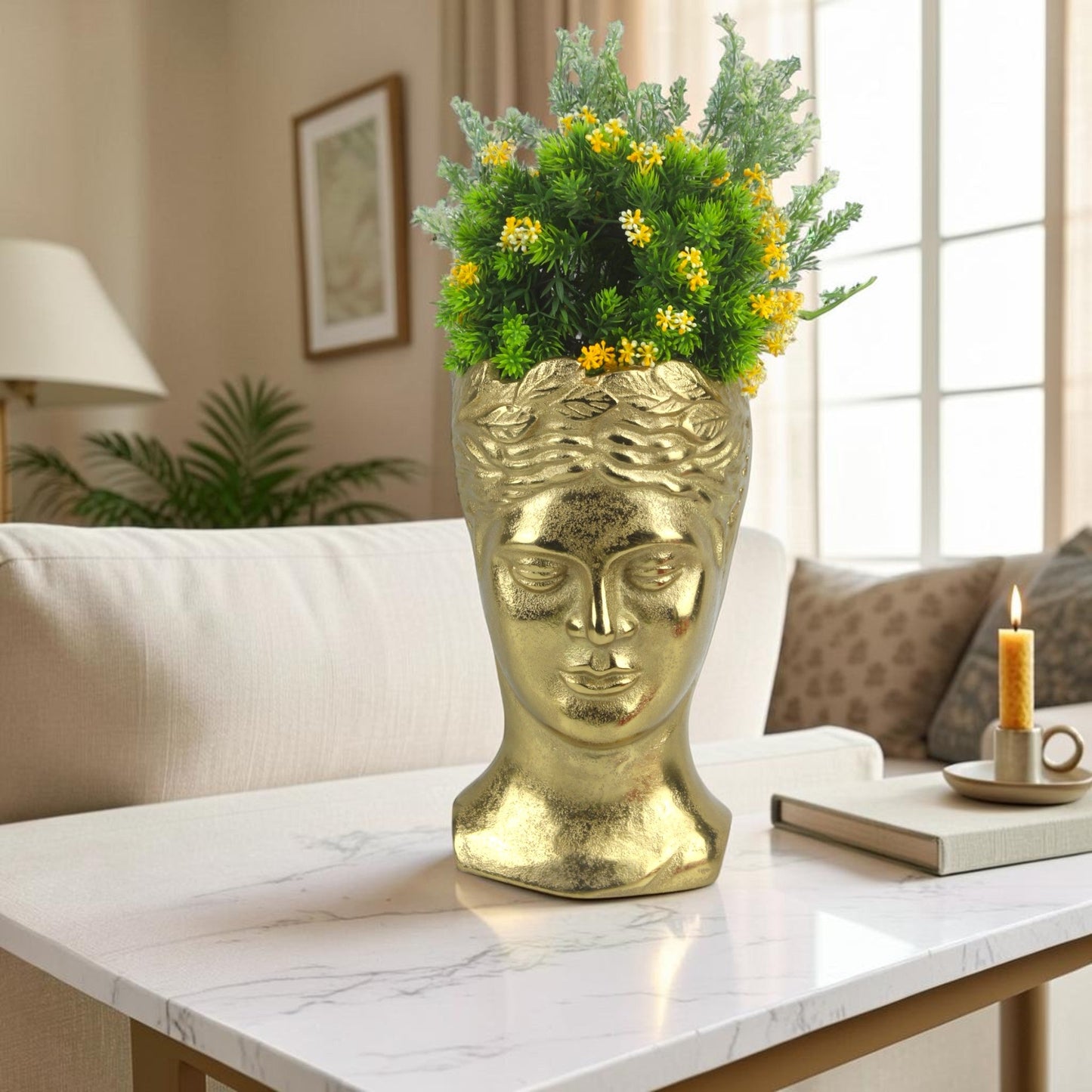 Golden Aluminum Handcrafted Human Face Flower Vase: Unique Home Décor Statement Piece