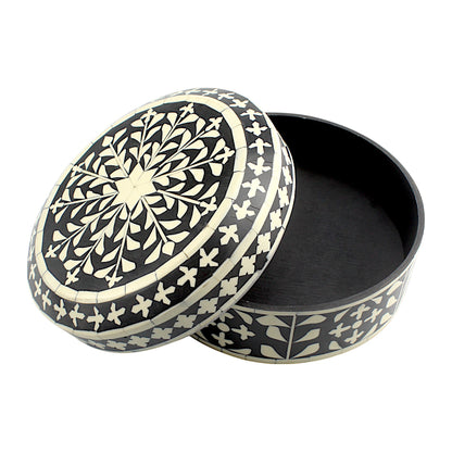 Handmade Black & White Floral Design Resin Trinket Box – Round, Elegant Storage