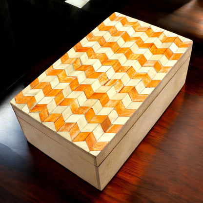 Handmade Black & White Bone and Wood Rectangular Trinket Box – White & Orange Design, Elegant Storage