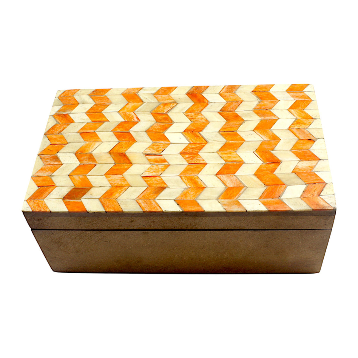 Handmade Black & White Bone and Wood Rectangular Trinket Box – White & Orange Design, Elegant Storage
