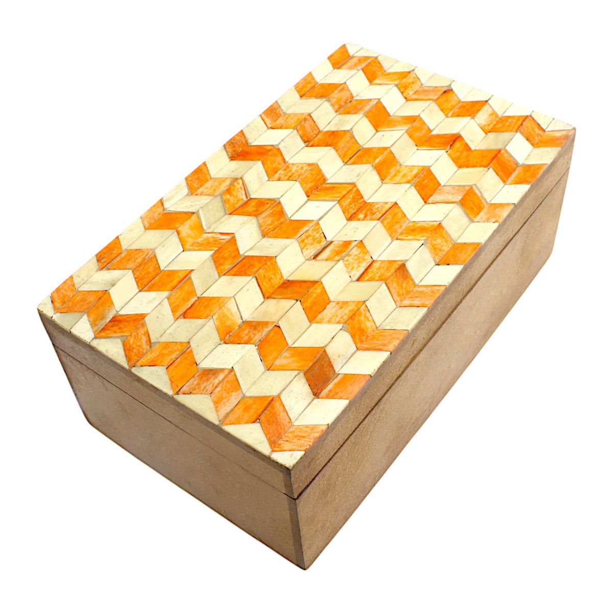 Handmade Black & White Bone and Wood Rectangular Trinket Box – White & Orange Design, Elegant Storage
