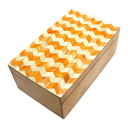 Handmade Black & White Bone and Wood Rectangular Trinket Box – White & Orange Design, Elegant Storage