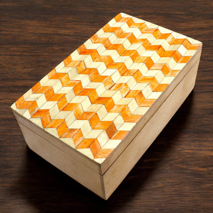 Handmade Black & White Bone and Wood Rectangular Trinket Box – White & Orange Design, Elegant Storage