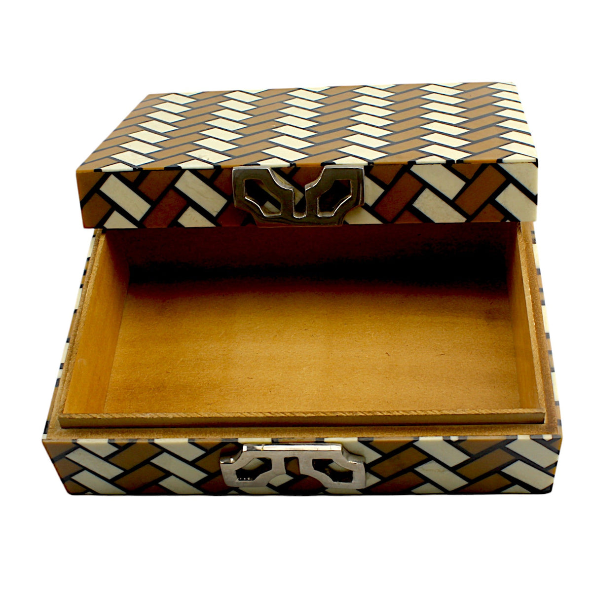 Handmade White & Brown Resin Trinket Box – Rectangular with Zig-Zag Pattern, Stylish Storage Solution