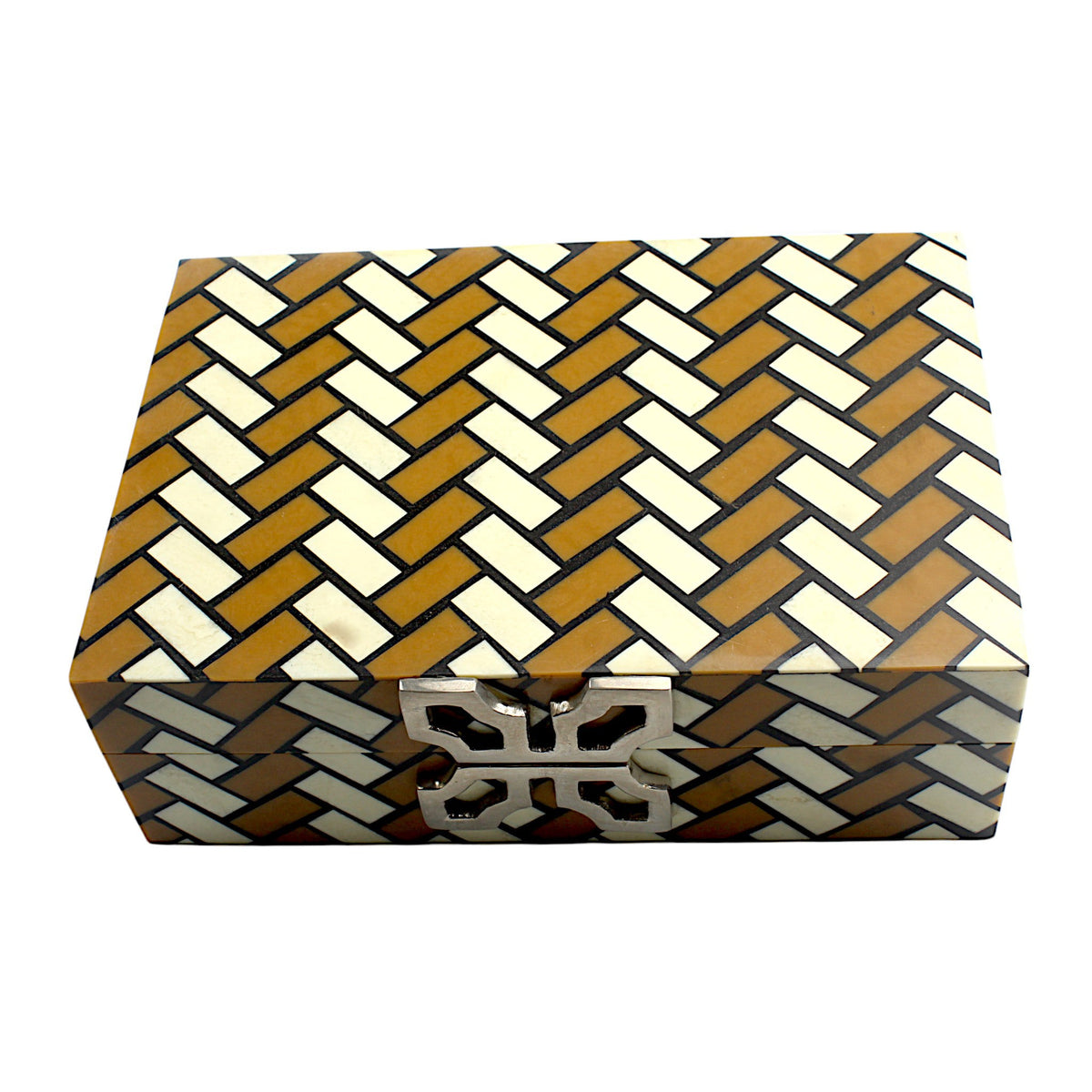 Handmade White & Brown Resin Trinket Box – Rectangular with Zig-Zag Pattern, Stylish Storage Solution