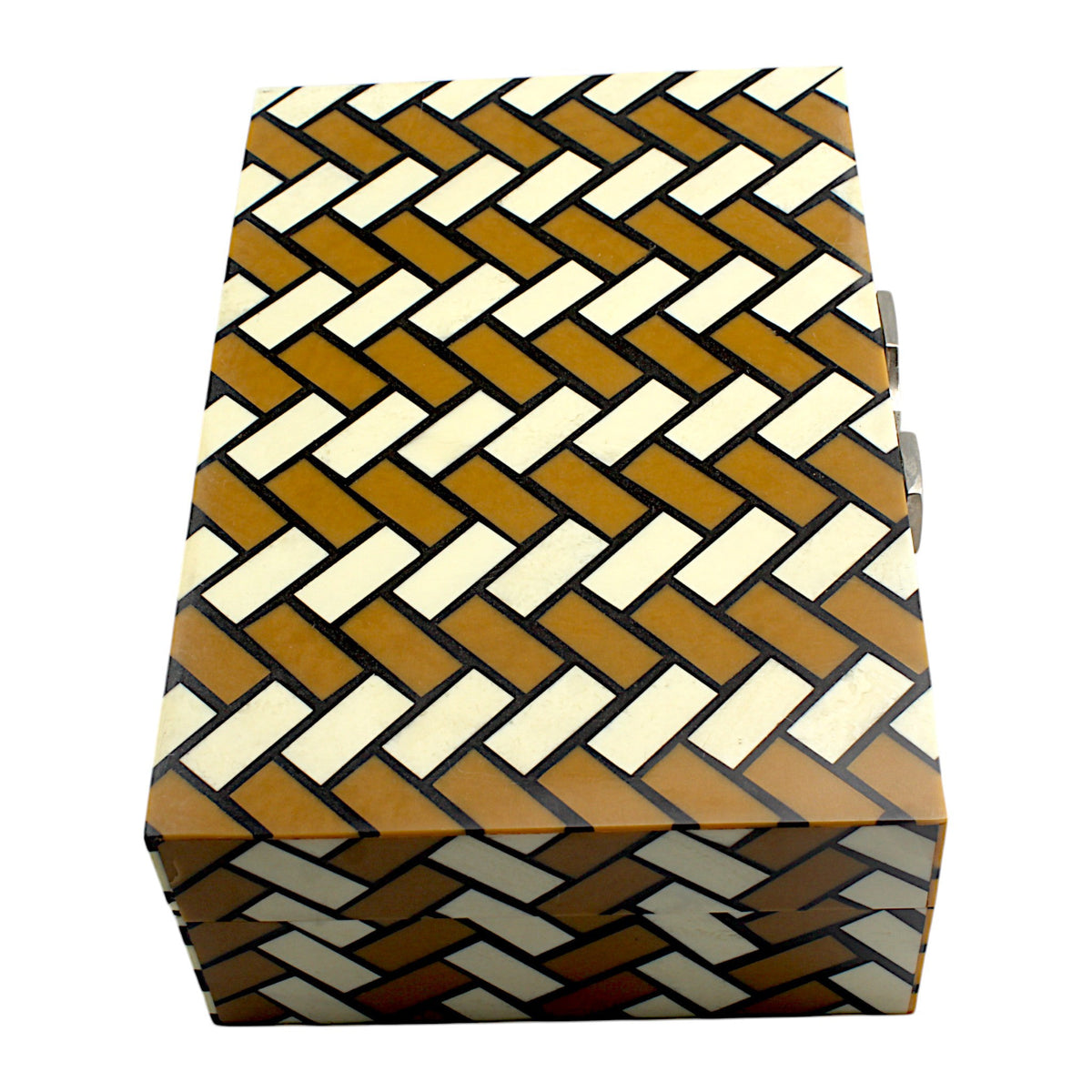 Handmade White & Brown Resin Trinket Box – Rectangular with Zig-Zag Pattern, Stylish Storage Solution
