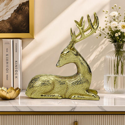 Golden Aluminum Handcrafted Sitting Deer – Elegant Christmas & Holiday Decor | Hind Decor