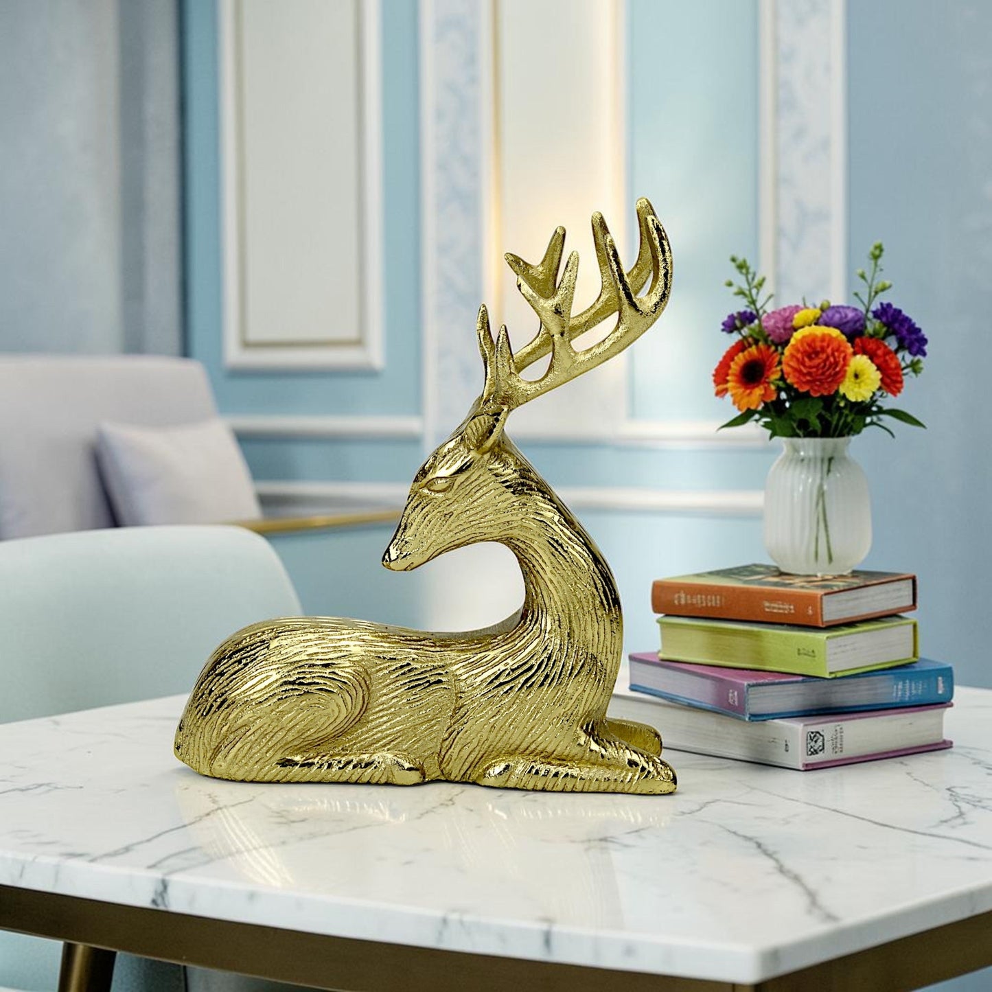 Golden Aluminum Handcrafted Sitting Deer – Elegant Christmas & Holiday Decor | Hind Decor
